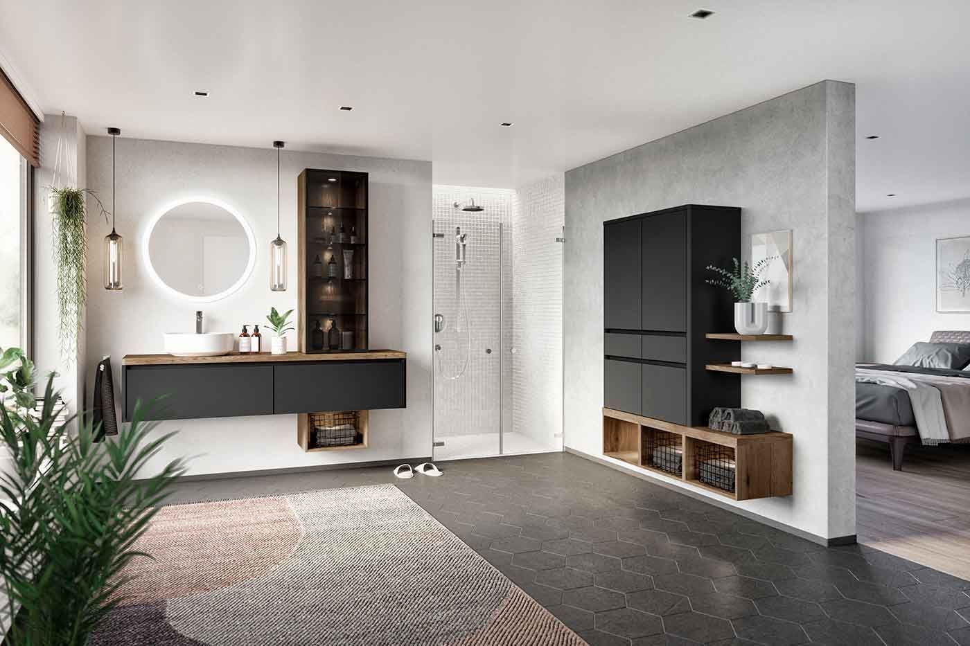 Modernes Badezimmer Ein helles Badezimmer mit dunklen Schränken