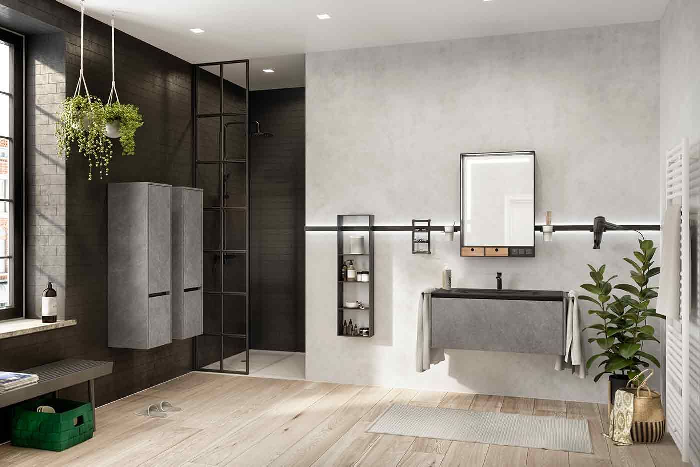 Graues Badezimmer Ein modernes graues Badezimmer mit schwarzen Wänden in der Dusche