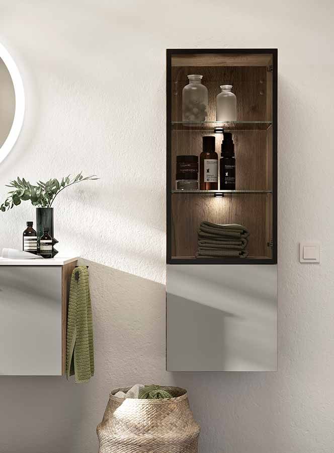 Ein an der Wand hängender Schrank mit einsehbaren Türen