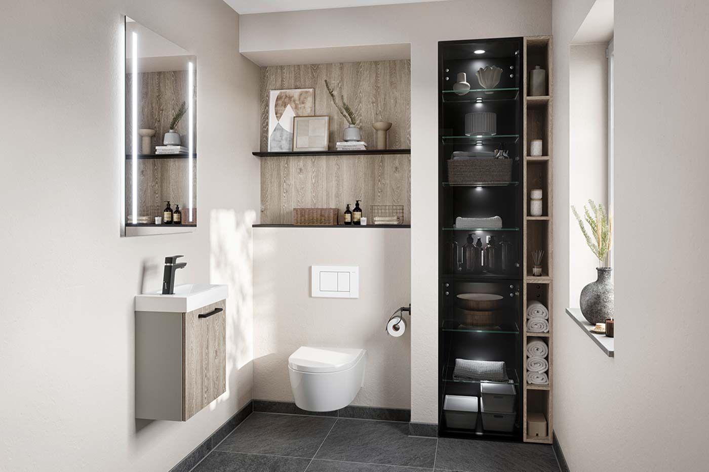 Badezimmer mit dunklem Schrank Ein Badezimmer mit kleinem Waschbecken und einem in der Wand integrierten Schrank