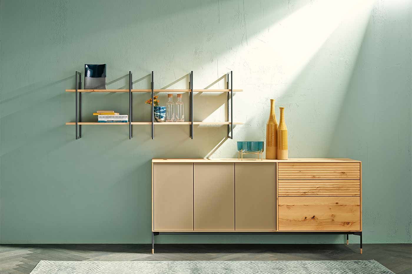 Bildergalerie Wohnkombination Lina Kommode aus Holz mit grünen Türen und einem Wandregal asus Hoolz